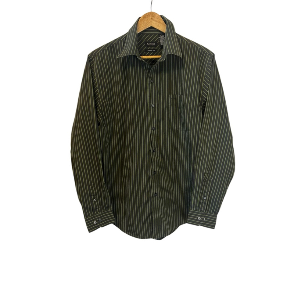 Men's Van Heusen Collared Button Down Shirt M Green Black Striped